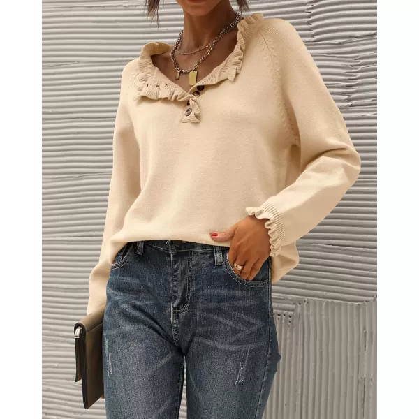 BTFBM 2024 Womens Sweaters Fall Winter Outfits Long Sleeve Button Down Ruffle Crew Neck Casual Knitted Pullover TopsSolid Apricot