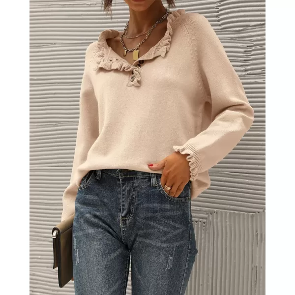 BTFBM 2024 Womens Sweaters Fall Winter Outfits Long Sleeve Button Down Ruffle Crew Neck Casual Knitted Pullover TopsSolid Beige