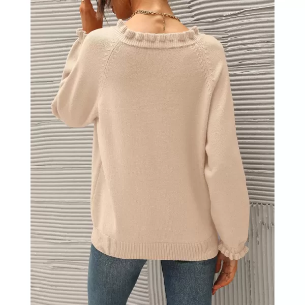 BTFBM 2024 Womens Sweaters Fall Winter Outfits Long Sleeve Button Down Ruffle Crew Neck Casual Knitted Pullover TopsSolid Beige