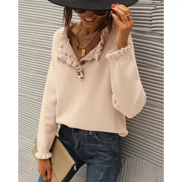 BTFBM 2024 Womens Sweaters Fall Winter Outfits Long Sleeve Button Down Ruffle Crew Neck Casual Knitted Pullover TopsSolid Beige