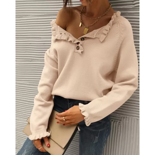 BTFBM 2024 Womens Sweaters Fall Winter Outfits Long Sleeve Button Down Ruffle Crew Neck Casual Knitted Pullover TopsSolid Beige