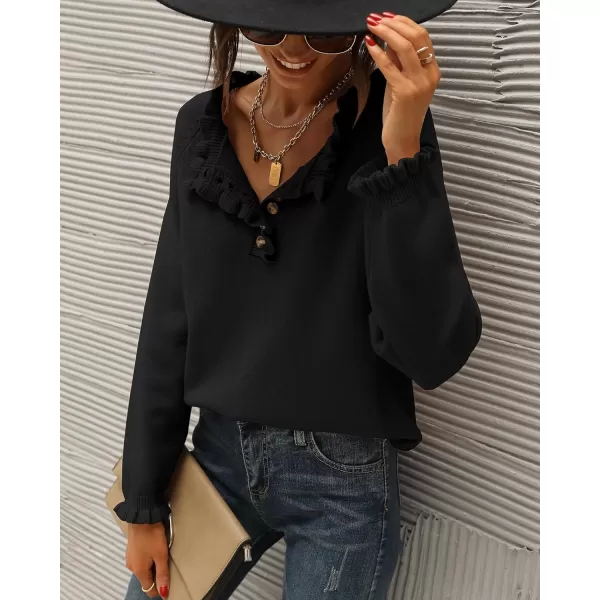 BTFBM 2024 Womens Sweaters Fall Winter Outfits Long Sleeve Button Down Ruffle Crew Neck Casual Knitted Pullover TopsSolid Black