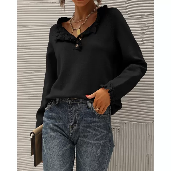 BTFBM 2024 Womens Sweaters Fall Winter Outfits Long Sleeve Button Down Ruffle Crew Neck Casual Knitted Pullover TopsSolid Black