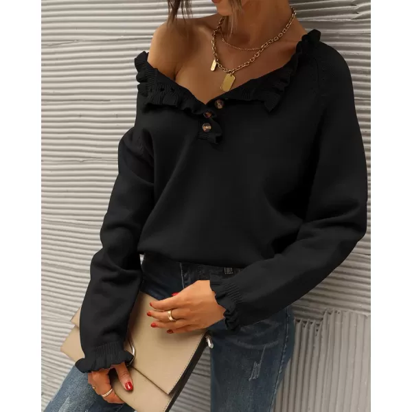 BTFBM 2024 Womens Sweaters Fall Winter Outfits Long Sleeve Button Down Ruffle Crew Neck Casual Knitted Pullover TopsSolid Black