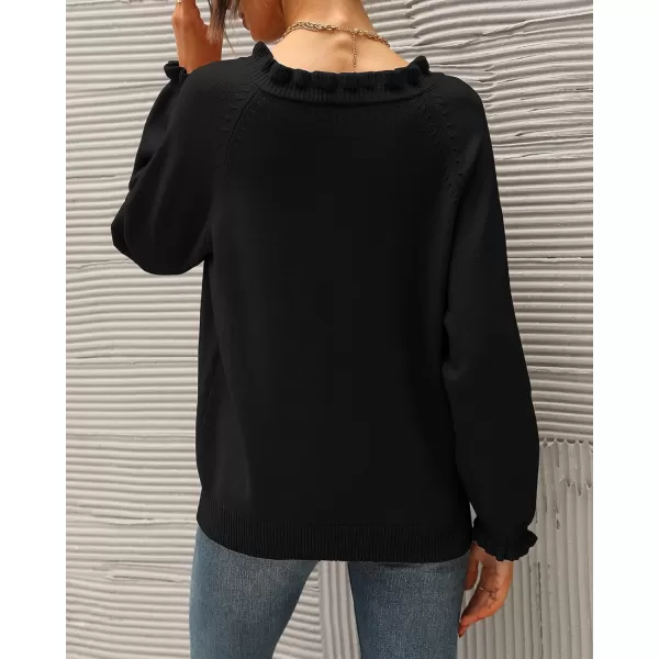 BTFBM 2024 Womens Sweaters Fall Winter Outfits Long Sleeve Button Down Ruffle Crew Neck Casual Knitted Pullover TopsSolid Black