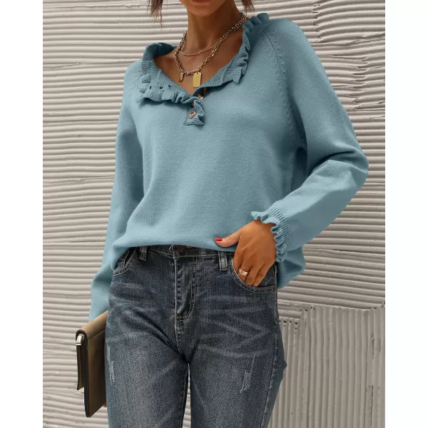 BTFBM 2024 Womens Sweaters Fall Winter Outfits Long Sleeve Button Down Ruffle Crew Neck Casual Knitted Pullover TopsSolid Blue