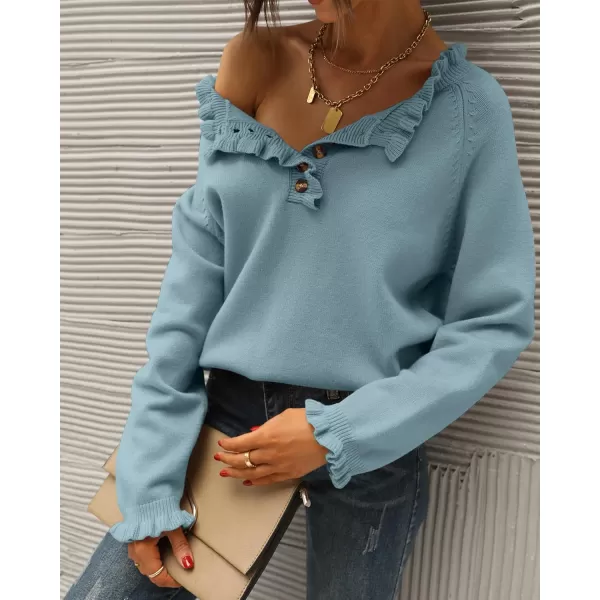 BTFBM 2024 Womens Sweaters Fall Winter Outfits Long Sleeve Button Down Ruffle Crew Neck Casual Knitted Pullover TopsSolid Blue