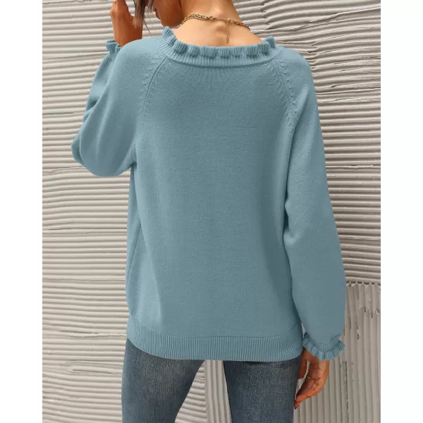 BTFBM 2024 Womens Sweaters Fall Winter Outfits Long Sleeve Button Down Ruffle Crew Neck Casual Knitted Pullover TopsSolid Blue