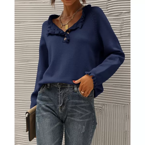 BTFBM 2024 Womens Sweaters Fall Winter Outfits Long Sleeve Button Down Ruffle Crew Neck Casual Knitted Pullover TopsSolid Bright Blue