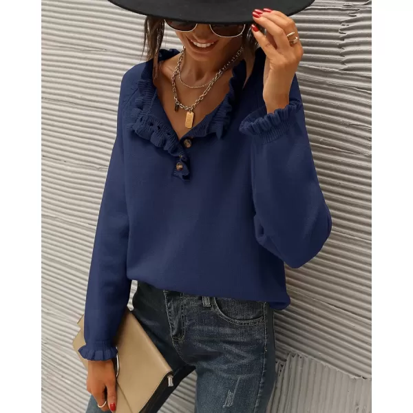 BTFBM 2024 Womens Sweaters Fall Winter Outfits Long Sleeve Button Down Ruffle Crew Neck Casual Knitted Pullover TopsSolid Bright Blue