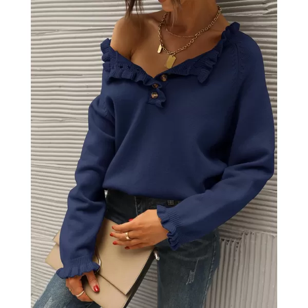 BTFBM 2024 Womens Sweaters Fall Winter Outfits Long Sleeve Button Down Ruffle Crew Neck Casual Knitted Pullover TopsSolid Bright Blue