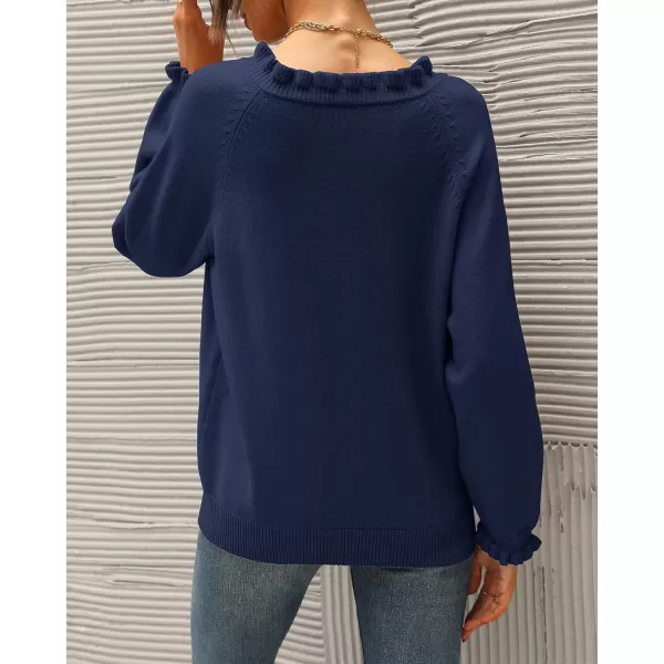 BTFBM 2024 Womens Sweaters Fall Winter Outfits Long Sleeve Button Down Ruffle Crew Neck Casual Knitted Pullover TopsSolid Bright Blue