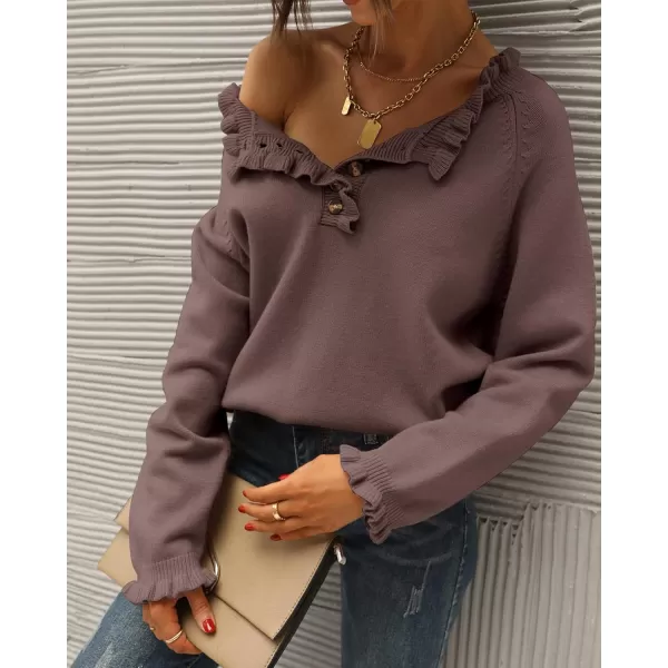 BTFBM 2024 Womens Sweaters Fall Winter Outfits Long Sleeve Button Down Ruffle Crew Neck Casual Knitted Pullover TopsSolid Brown Camel