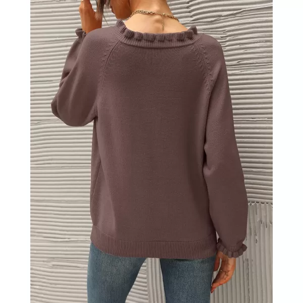 BTFBM 2024 Womens Sweaters Fall Winter Outfits Long Sleeve Button Down Ruffle Crew Neck Casual Knitted Pullover TopsSolid Brown Camel