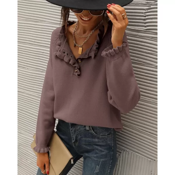 BTFBM 2024 Womens Sweaters Fall Winter Outfits Long Sleeve Button Down Ruffle Crew Neck Casual Knitted Pullover TopsSolid Brown Camel