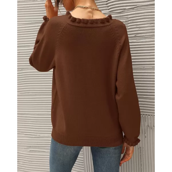 BTFBM 2024 Womens Sweaters Fall Winter Outfits Long Sleeve Button Down Ruffle Crew Neck Casual Knitted Pullover TopsSolid Brown Coffee