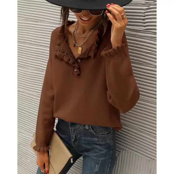 BTFBM 2024 Womens Sweaters Fall Winter Outfits Long Sleeve Button Down Ruffle Crew Neck Casual Knitted Pullover TopsSolid Brown Coffee