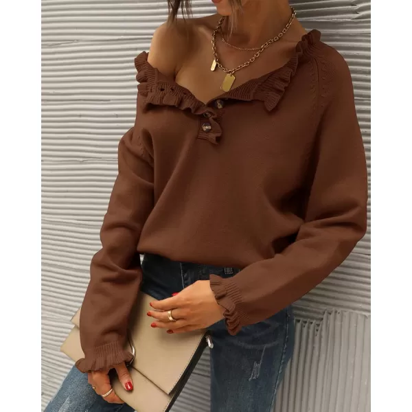 BTFBM 2024 Womens Sweaters Fall Winter Outfits Long Sleeve Button Down Ruffle Crew Neck Casual Knitted Pullover TopsSolid Brown Coffee