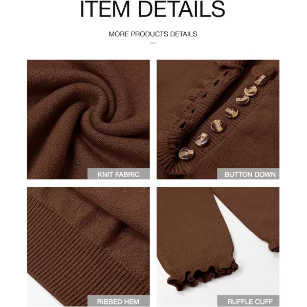 BTFBM 2024 Womens Sweaters Fall Winter Outfits Long Sleeve Button Down Ruffle Crew Neck Casual Knitted Pullover TopsSolid Brown Coffee