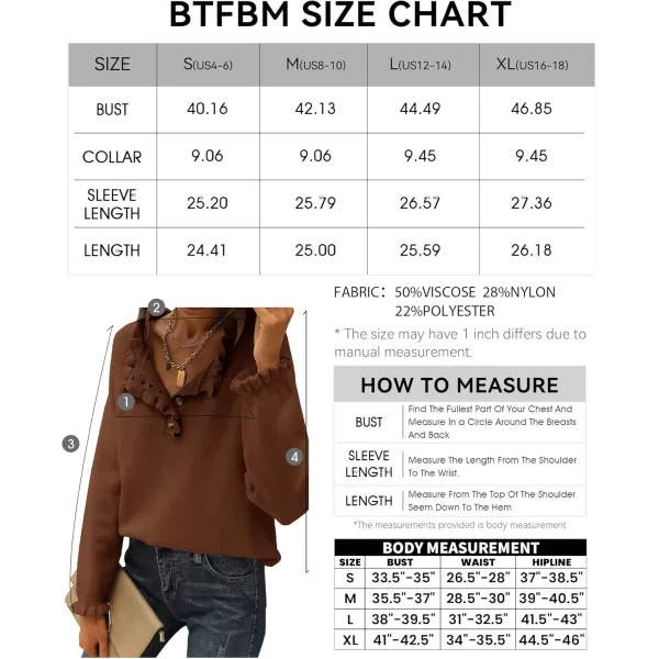 BTFBM 2024 Womens Sweaters Fall Winter Outfits Long Sleeve Button Down Ruffle Crew Neck Casual Knitted Pullover TopsSolid Brown Coffee