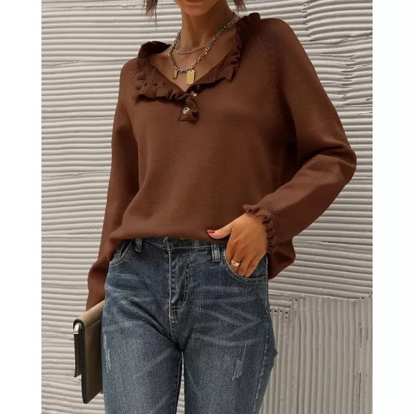BTFBM 2024 Womens Sweaters Fall Winter Outfits Long Sleeve Button Down Ruffle Crew Neck Casual Knitted Pullover TopsSolid Brown Coffee