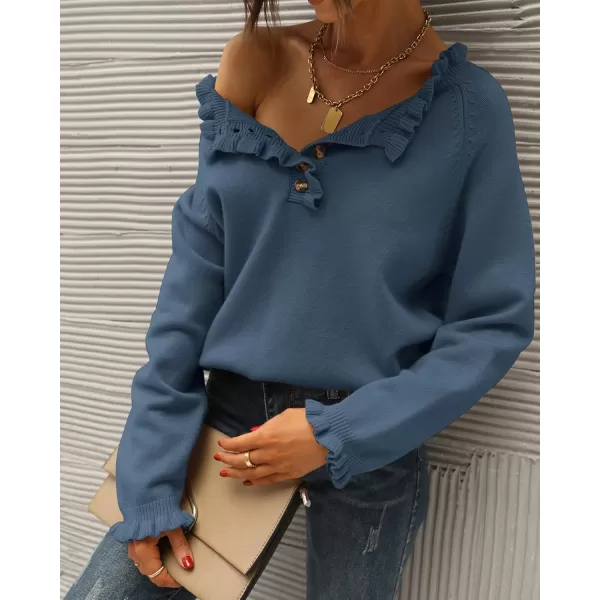 BTFBM 2024 Womens Sweaters Fall Winter Outfits Long Sleeve Button Down Ruffle Crew Neck Casual Knitted Pullover TopsSolid Dark Blue