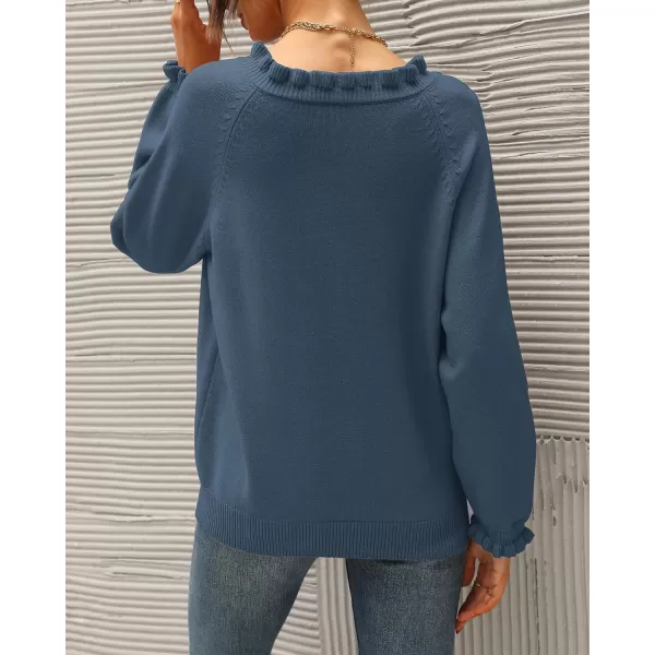 BTFBM 2024 Womens Sweaters Fall Winter Outfits Long Sleeve Button Down Ruffle Crew Neck Casual Knitted Pullover TopsSolid Dark Blue