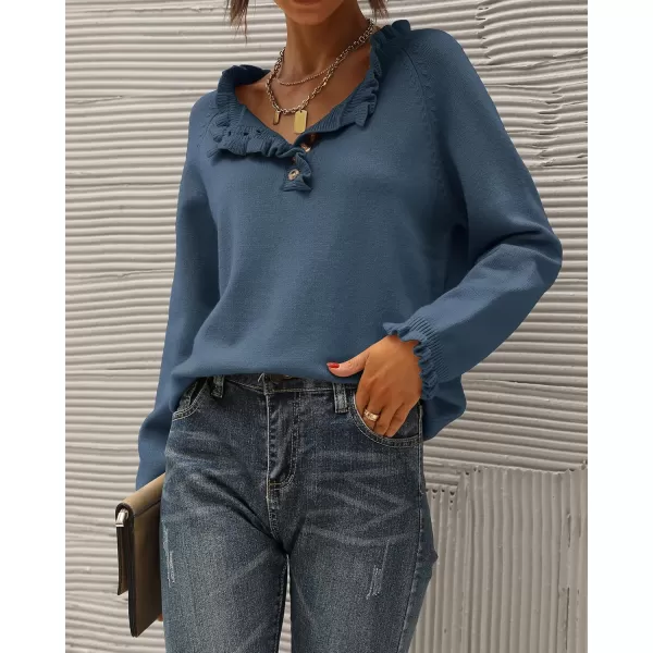 BTFBM 2024 Womens Sweaters Fall Winter Outfits Long Sleeve Button Down Ruffle Crew Neck Casual Knitted Pullover TopsSolid Dark Blue