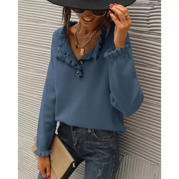 BTFBM 2024 Womens Sweaters Fall Winter Outfits Long Sleeve Button Down Ruffle Crew Neck Casual Knitted Pullover TopsSolid Dark Blue