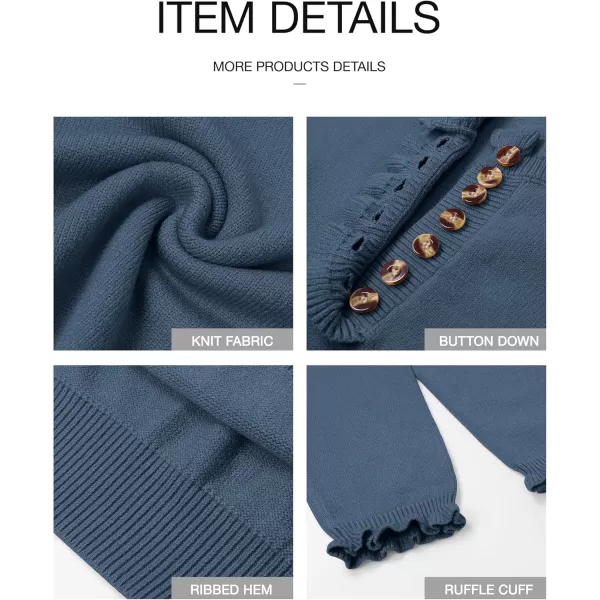 BTFBM 2024 Womens Sweaters Fall Winter Outfits Long Sleeve Button Down Ruffle Crew Neck Casual Knitted Pullover TopsSolid Dark Blue