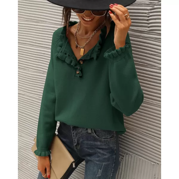 BTFBM 2024 Womens Sweaters Fall Winter Outfits Long Sleeve Button Down Ruffle Crew Neck Casual Knitted Pullover TopsSolid Dark Green