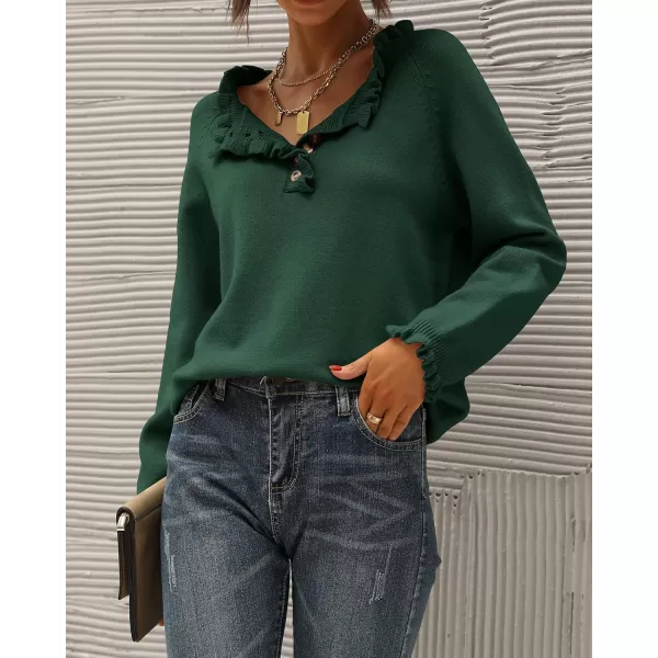 BTFBM 2024 Womens Sweaters Fall Winter Outfits Long Sleeve Button Down Ruffle Crew Neck Casual Knitted Pullover TopsSolid Dark Green