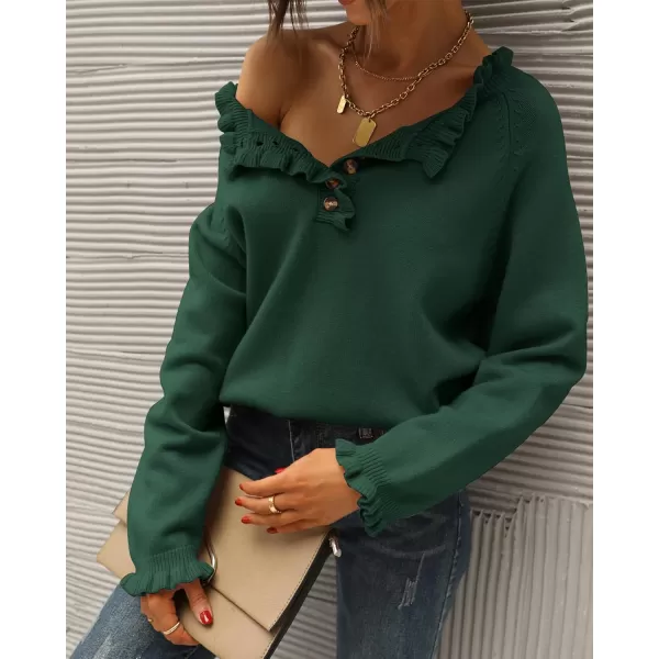 BTFBM 2024 Womens Sweaters Fall Winter Outfits Long Sleeve Button Down Ruffle Crew Neck Casual Knitted Pullover TopsSolid Dark Green