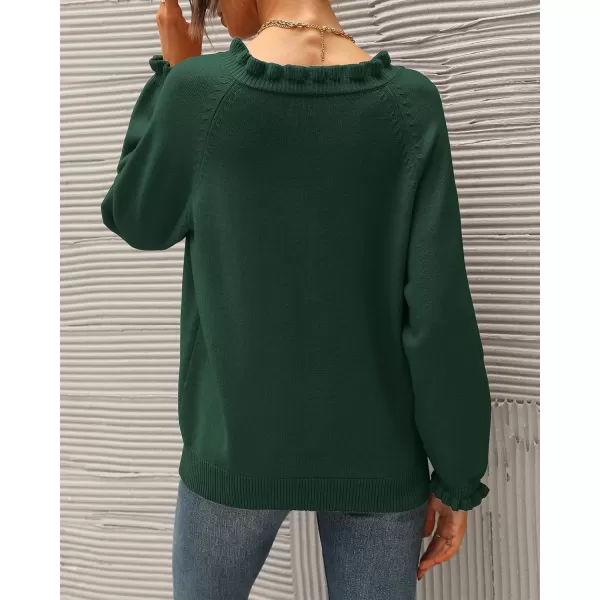 BTFBM 2024 Womens Sweaters Fall Winter Outfits Long Sleeve Button Down Ruffle Crew Neck Casual Knitted Pullover TopsSolid Dark Green