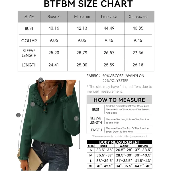 BTFBM 2024 Womens Sweaters Fall Winter Outfits Long Sleeve Button Down Ruffle Crew Neck Casual Knitted Pullover TopsSolid Dark Green