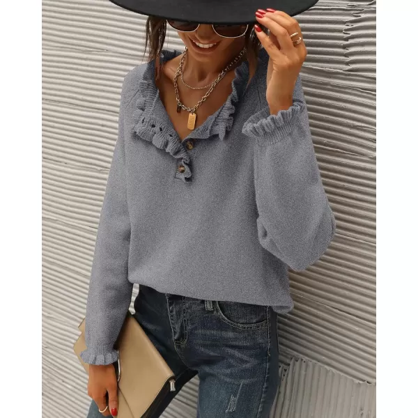 BTFBM 2024 Womens Sweaters Fall Winter Outfits Long Sleeve Button Down Ruffle Crew Neck Casual Knitted Pullover TopsSolid Grey