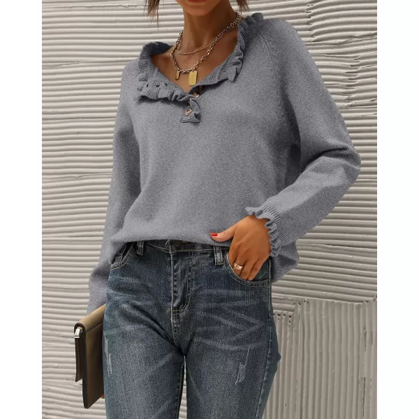 BTFBM 2024 Womens Sweaters Fall Winter Outfits Long Sleeve Button Down Ruffle Crew Neck Casual Knitted Pullover TopsSolid Grey