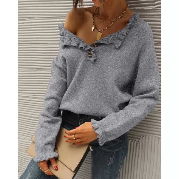 BTFBM 2024 Womens Sweaters Fall Winter Outfits Long Sleeve Button Down Ruffle Crew Neck Casual Knitted Pullover TopsSolid Grey