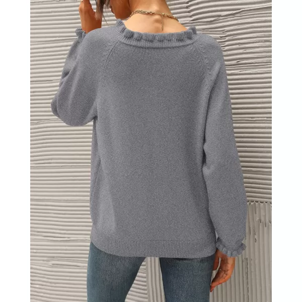 BTFBM 2024 Womens Sweaters Fall Winter Outfits Long Sleeve Button Down Ruffle Crew Neck Casual Knitted Pullover TopsSolid Grey
