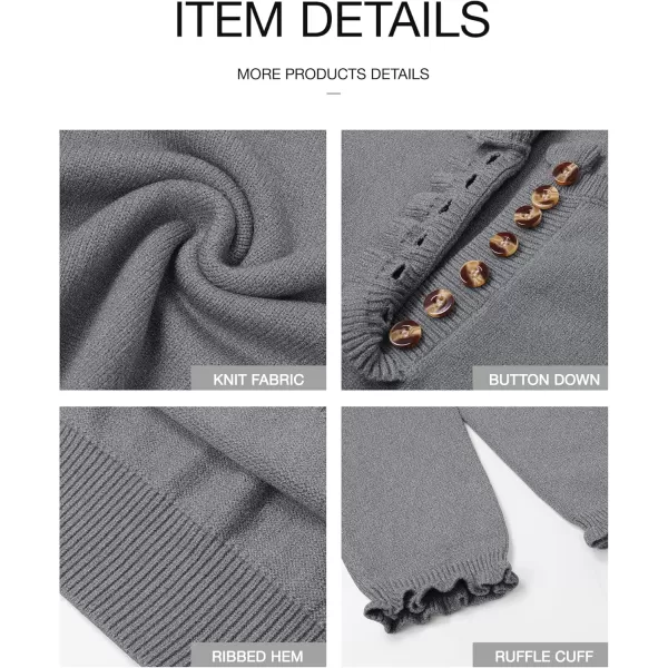 BTFBM 2024 Womens Sweaters Fall Winter Outfits Long Sleeve Button Down Ruffle Crew Neck Casual Knitted Pullover TopsSolid Grey