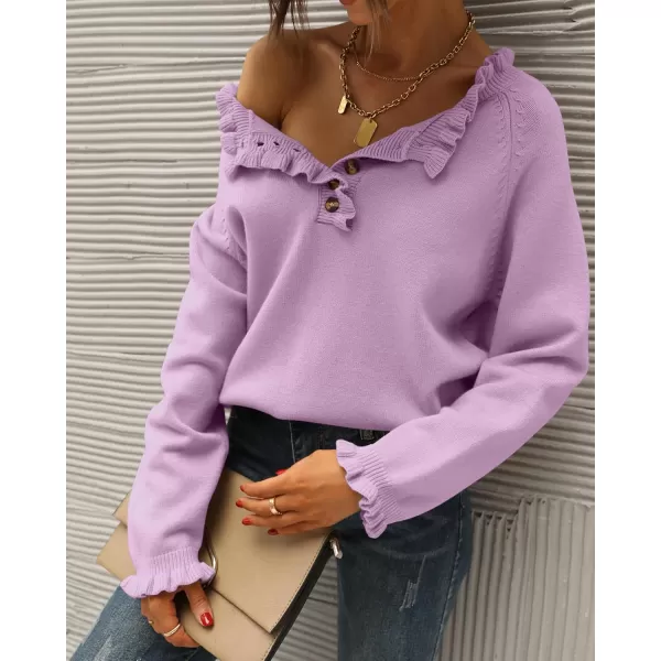 BTFBM 2024 Womens Sweaters Fall Winter Outfits Long Sleeve Button Down Ruffle Crew Neck Casual Knitted Pullover TopsSolid Grey Purple