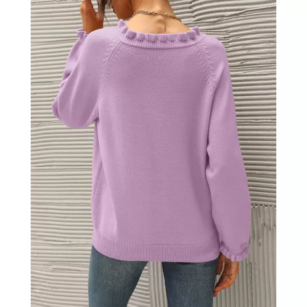 BTFBM 2024 Womens Sweaters Fall Winter Outfits Long Sleeve Button Down Ruffle Crew Neck Casual Knitted Pullover TopsSolid Grey Purple