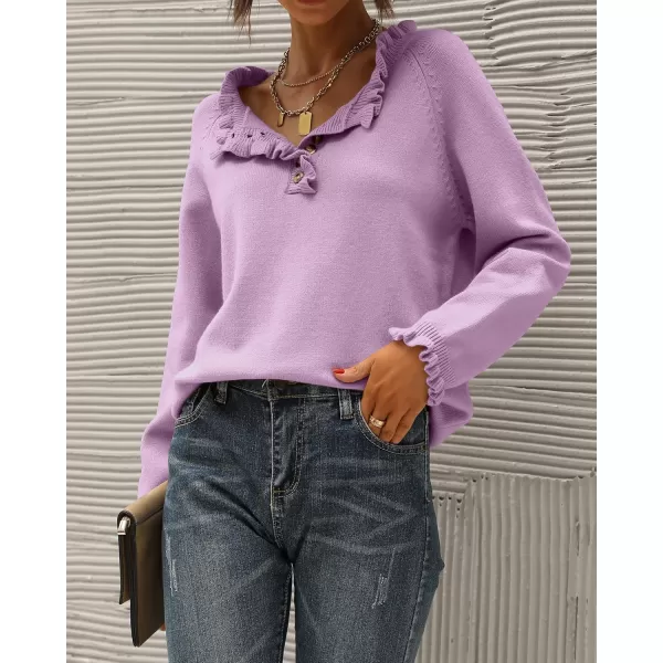 BTFBM 2024 Womens Sweaters Fall Winter Outfits Long Sleeve Button Down Ruffle Crew Neck Casual Knitted Pullover TopsSolid Grey Purple