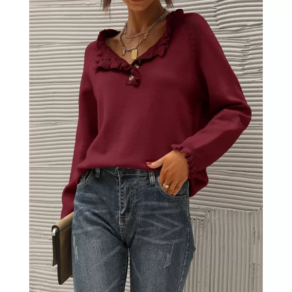 BTFBM 2024 Womens Sweaters Fall Winter Outfits Long Sleeve Button Down Ruffle Crew Neck Casual Knitted Pullover TopsSolid Jujube Red