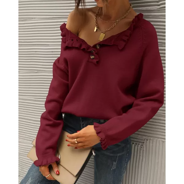 BTFBM 2024 Womens Sweaters Fall Winter Outfits Long Sleeve Button Down Ruffle Crew Neck Casual Knitted Pullover TopsSolid Jujube Red