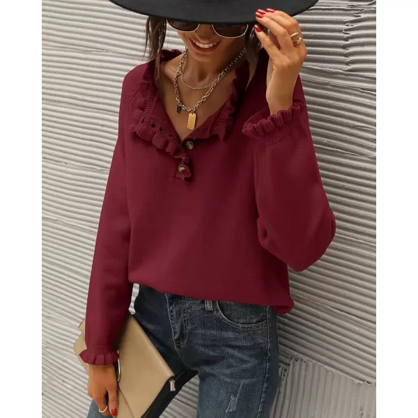 BTFBM 2024 Womens Sweaters Fall Winter Outfits Long Sleeve Button Down Ruffle Crew Neck Casual Knitted Pullover TopsSolid Jujube Red