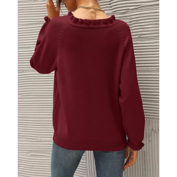 BTFBM 2024 Womens Sweaters Fall Winter Outfits Long Sleeve Button Down Ruffle Crew Neck Casual Knitted Pullover TopsSolid Jujube Red