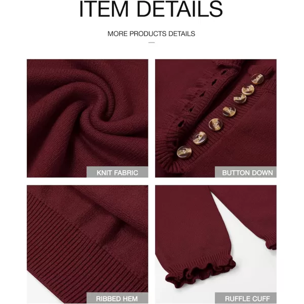 BTFBM 2024 Womens Sweaters Fall Winter Outfits Long Sleeve Button Down Ruffle Crew Neck Casual Knitted Pullover TopsSolid Jujube Red