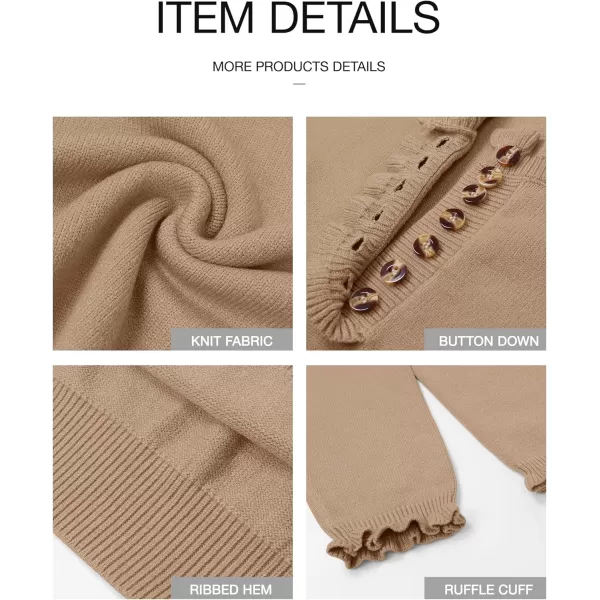 BTFBM 2024 Womens Sweaters Fall Winter Outfits Long Sleeve Button Down Ruffle Crew Neck Casual Knitted Pullover TopsSolid Khaki