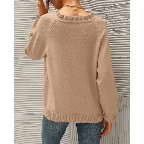 BTFBM 2024 Womens Sweaters Fall Winter Outfits Long Sleeve Button Down Ruffle Crew Neck Casual Knitted Pullover TopsSolid Khaki